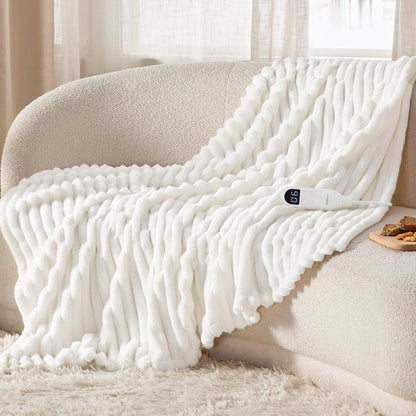 Bedsure Heated Blanket Electric Throw - Thick Striped Fast Heating Electric Blanket with Preheat Function, 6 Heat & 6 Timer (Up to 10H), 8H Auto Off, ETL Certified, Gifts for Women (50"x60", White)