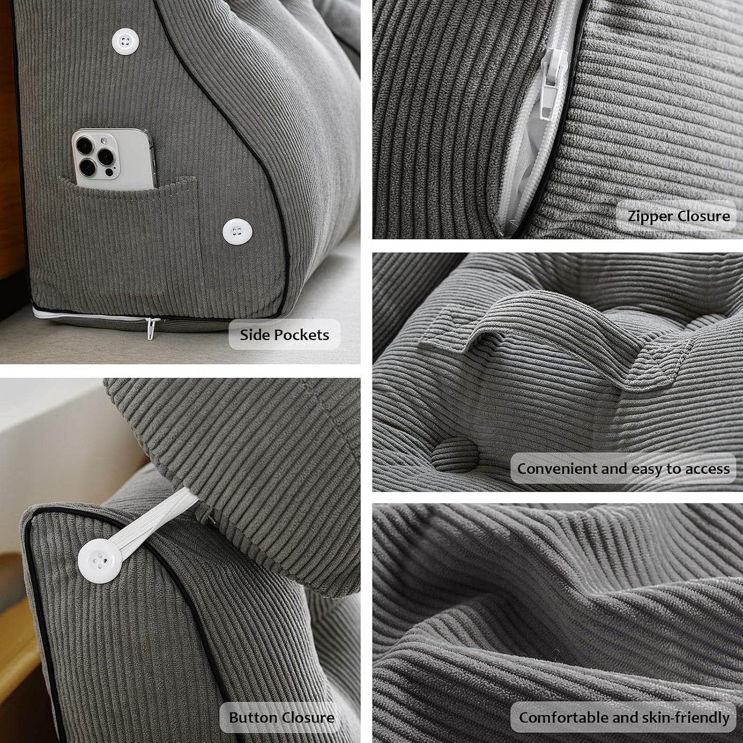 Wedge Pillow – Reading & Bed Rest Pillow for Sitting in Bed, Couch, or Floor, Multi-Purpose Headboard Wedge for Sleeping, After Surgery, Leg & Back Support, Neck Cushion & Washable Cover, Dark Gray