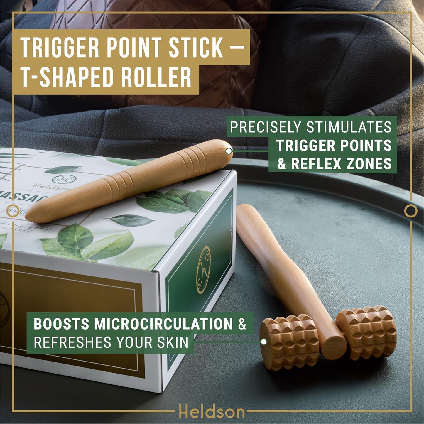 Wooden Massage Set 6 Pcs – Wood Therapy & Trigger Point Tools | Dermatest "excellent", FSC 100% wood, foot roller, back & body massager, incl. reflexology charts & cotton bag