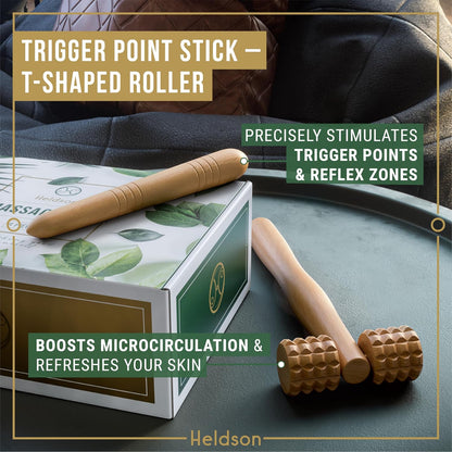 Wooden Massage Set 6 Pcs – Wood Therapy & Trigger Point Tools | Dermatest "excellent", FSC 100% wood, foot roller, back & body massager, incl. reflexology charts & cotton bag