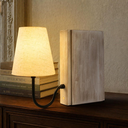 AELS Solid Wood Bookshelf Lamp with Bulb, Cordless Rechargeable Touch Dimmable Table Lamp with Linen Fabric Shade, Modern Decorative Bookend Lamp for Bedroom, Office & Bookshelf Decor, Dark Brown