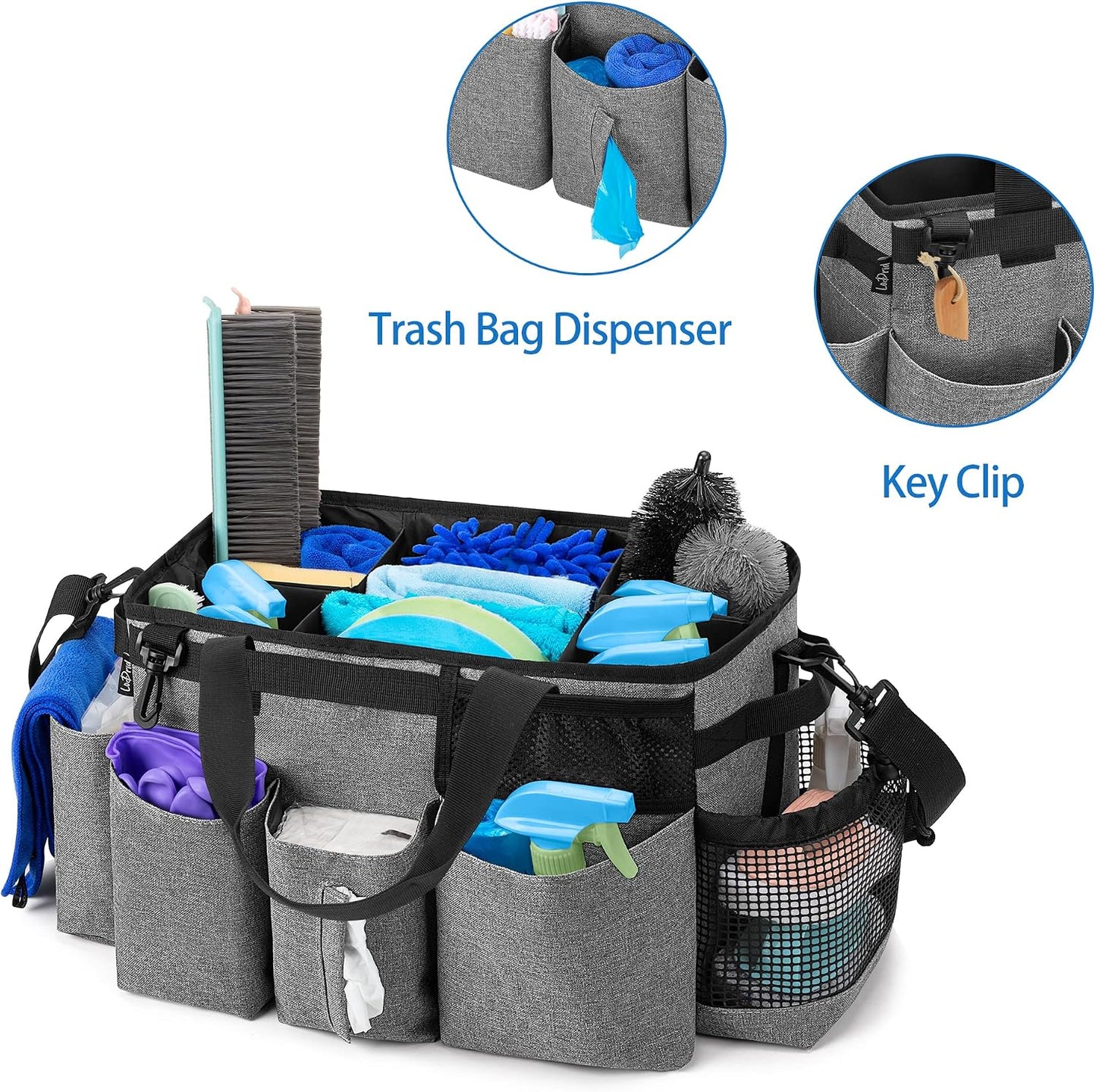 LoDrid Wearable Cleaning Caddy Bag with 4 Foldable Dividers, Black | Cleaning Supply Organizer with Shoulder Strap and Side Handles for Cleaners & Housekeepers