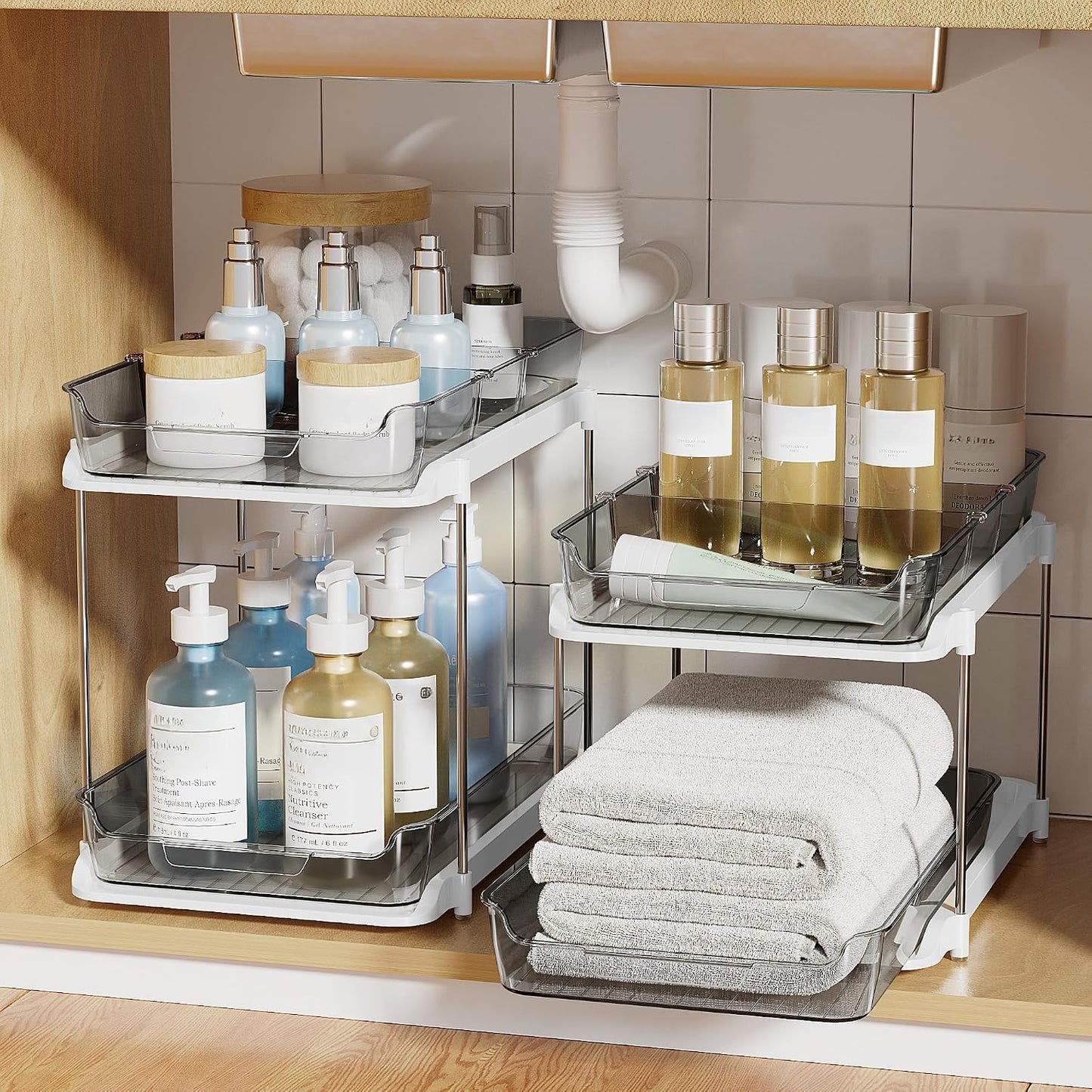 Delamu 2-Tier Multi-Purpose Bathroom Under Sink Organizers and Storage, Stackable Kitchen Pantry Organization, Pull Out Medicine Cabinet Organizer with Movable Dividers, White, 2 Pack