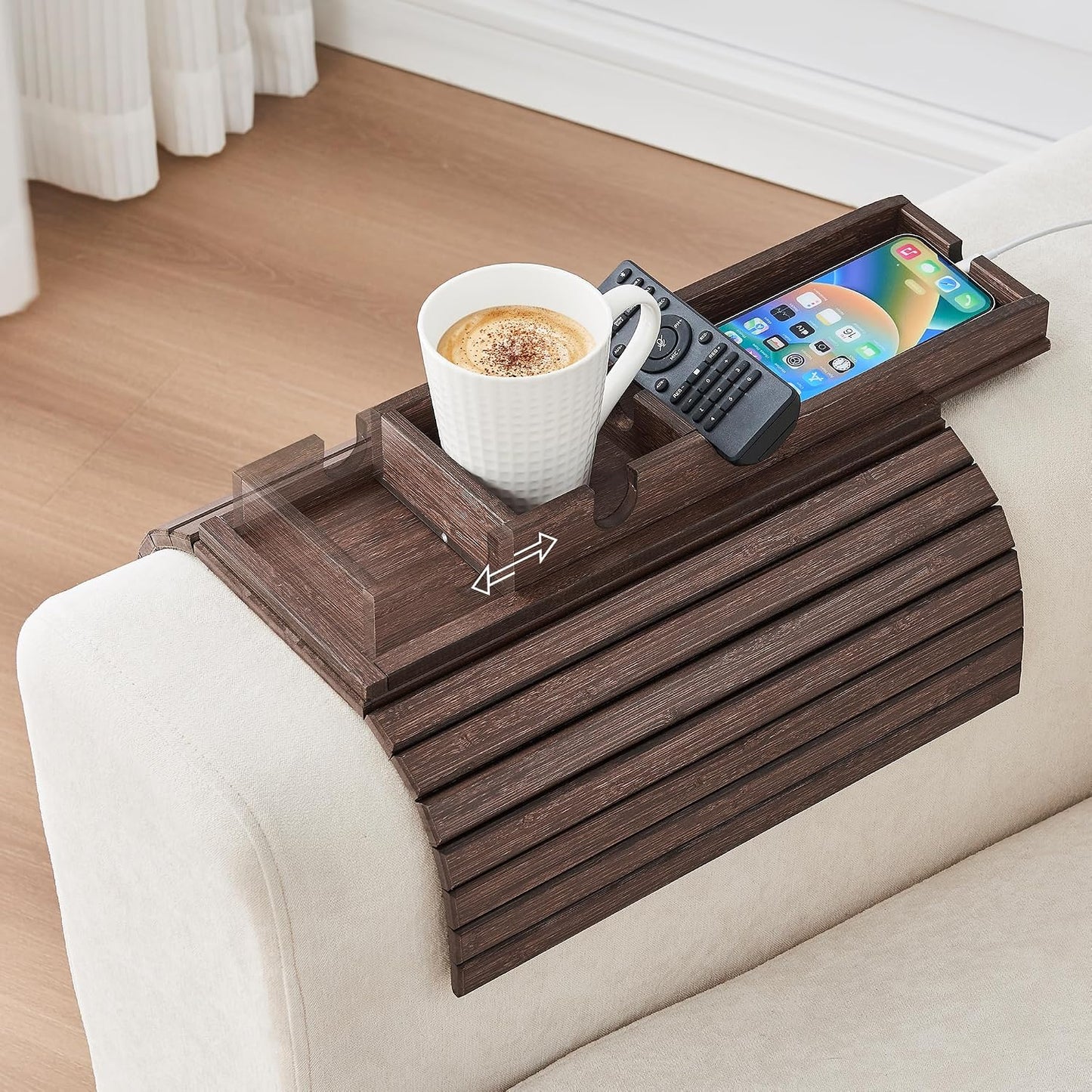 GEHE Couch Cup Holder, Anti Falling Sofa Arm Tray, Natural Bamboo Sofa Cup Holder More Safe for Your Family, Portable Couch Arm Tray Armrest Table for Remote, Snacks, Drinks