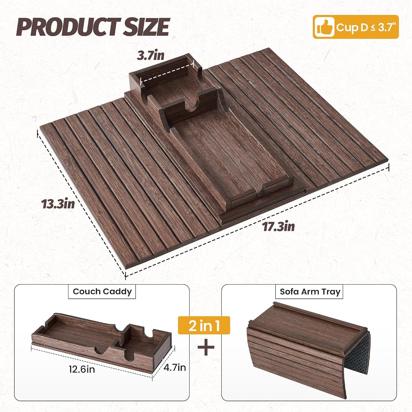 GEHE Couch Cup Holder, Anti Falling Sofa Arm Tray, Natural Bamboo Sofa Cup Holder More Safe for Your Family, Portable Couch Arm Tray Armrest Table for Remote, Snacks, Drinks