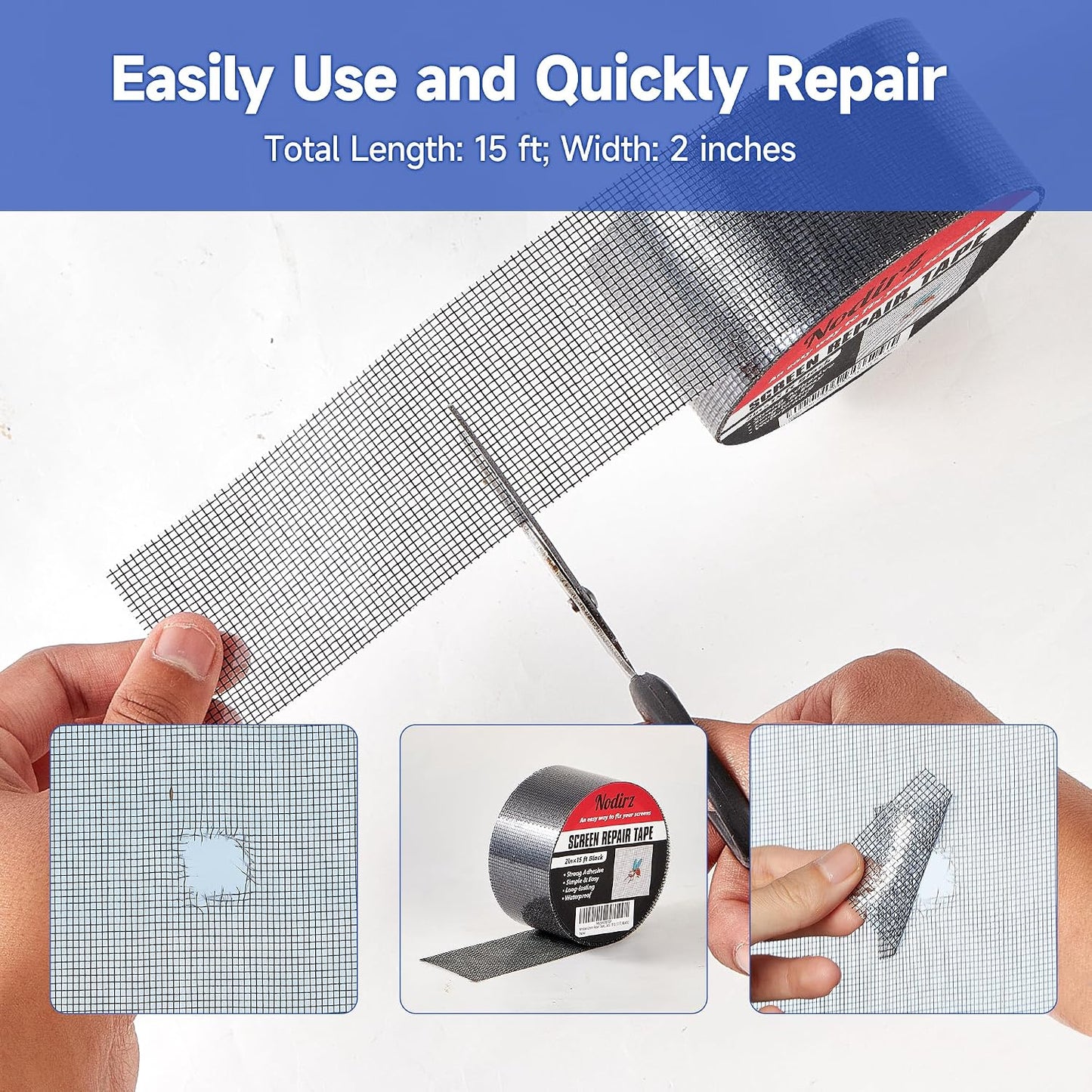 Window Screen Repair Tape, 2 in X 15 FT (180IN) Screen Repair Kit for Windows or Doors, Strong Adhesive Screen Patch Repair Kit Mesh Repair (Black, 15 FT)