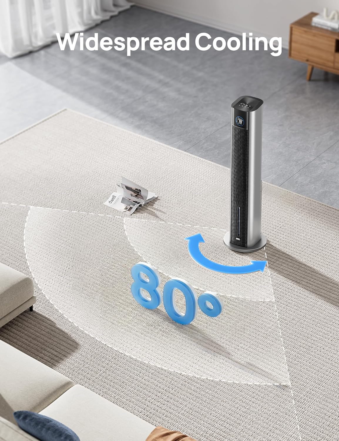 DREO Tower Fan for Bedroom, 43" Cooling Fans That Blow Cold Air 2025 Upgraded, Evaporative Air Cooler, Quiet 85° Oscillating Floor Fan, Easy Cleaning, APP Control, 4 Modes & 4 Speeds, Ink Black