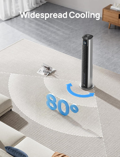 DREO Tower Fan for Bedroom, 43" Cooling Fans That Blow Cold Air 2025 Upgraded, Evaporative Air Cooler, Quiet 85° Oscillating Floor Fan, Easy Cleaning, APP Control, 4 Modes & 4 Speeds, Ink Black