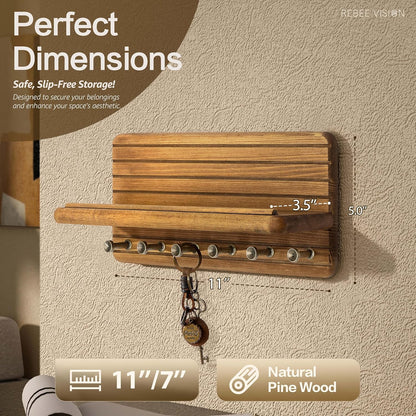 Rebee Vision Pine Wood Key Holder Wall Mount with Shelf for Entryway, Brown | 6 Key Hooks, Round Corner, Smooth&Hand-Friendly, Clear Wood Texture, Space-Saving Design, Organize Mail & Letter