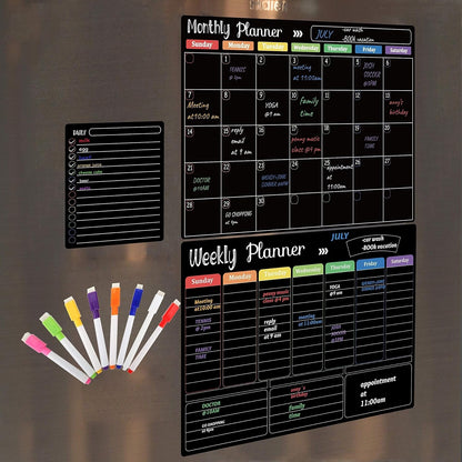 Hivillexun Magnetic Dry Erase Calendar Whiteboard Set (4-Pack) for Home and Kitchen, with Monthly and Weekly Views (16.5” x 11.8”), Magnetic Whiteboard and Daily Planners (12” x 8”) 8 Markers & Eraser