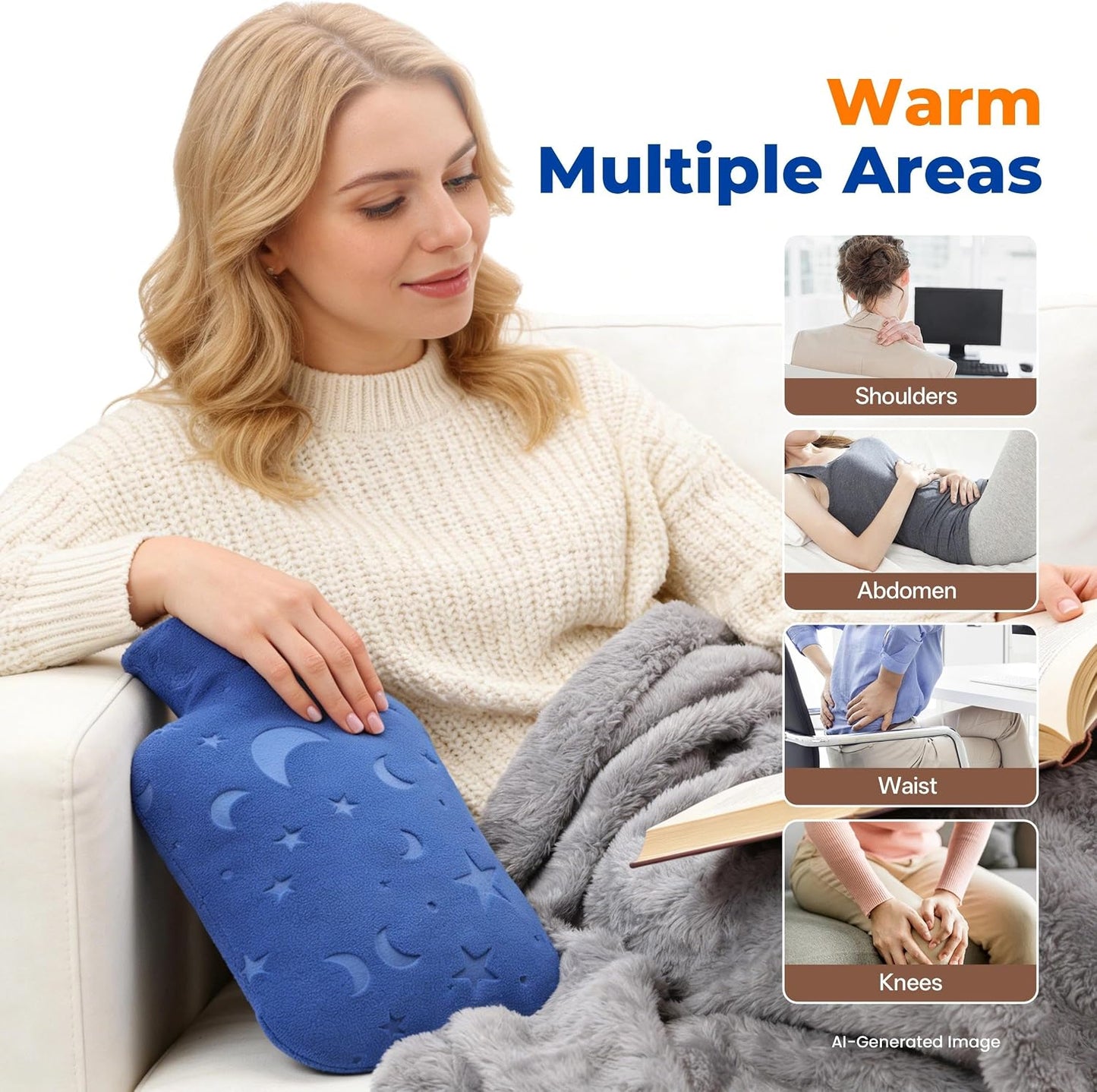 Hot Water Bottle with Soft Cover, 2L Hot Water Bag for Menstrual Cramps, Neck and Shoulder Pain Relief, Hot and Cold Therapies, Hand Feet Warmer, Blue