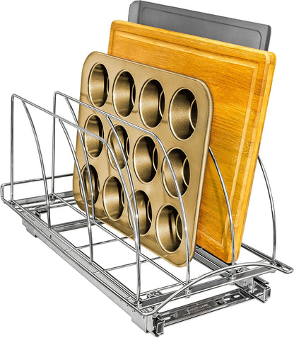 LYNK PROFESSIONAL® Pull Out Cookie Sheet Organizer for Cabinet – Baking Sheet Organizer – Sheet Pan Organizer - Lifetime Ltd. Warranty – 10” x 21” Deep Inside Cabinet, Chrome