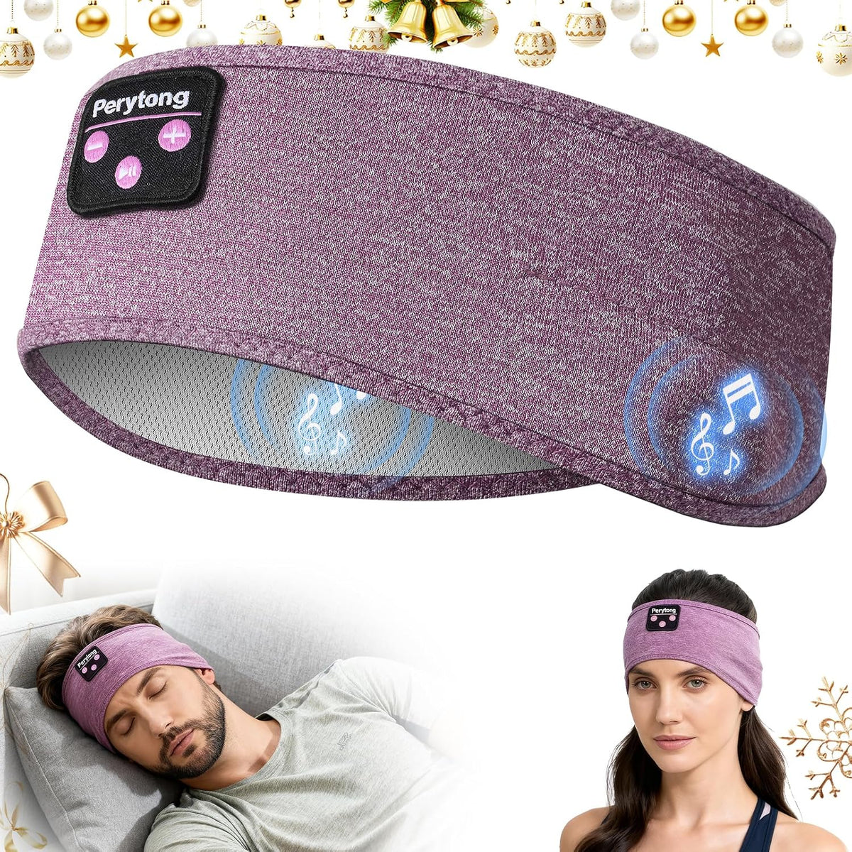 Perytong Sleep Headphones Bluetooth 5.4 Headband, Wireless Sleep Headphones for Side Sleepers - Sleeping Headband with Ultra-Thin Speaker Microphone Handsfree Gift Ideas for Women Men