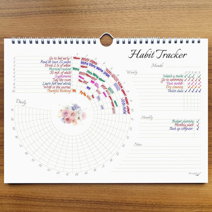 Habit Tracker Calendar (Undated 12 Month) Floral Design, Spiral Bound and Hanger, A4 Size (8,3"x11.7") Quality Heavy Paper, Monthly Habit Tracker Journal and Goal Tracker.