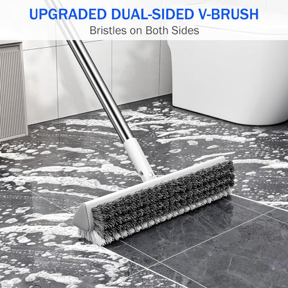 Grout Brush with Long Heavy Duty Handle, 180° Swivel Floor Scrub Brush, V-Shaped Grout Line Scrubber with Stiff Bristles, Cleaning Brush for Deep Cleaning Tile Grout, Shower, Kitchen, and Concrete