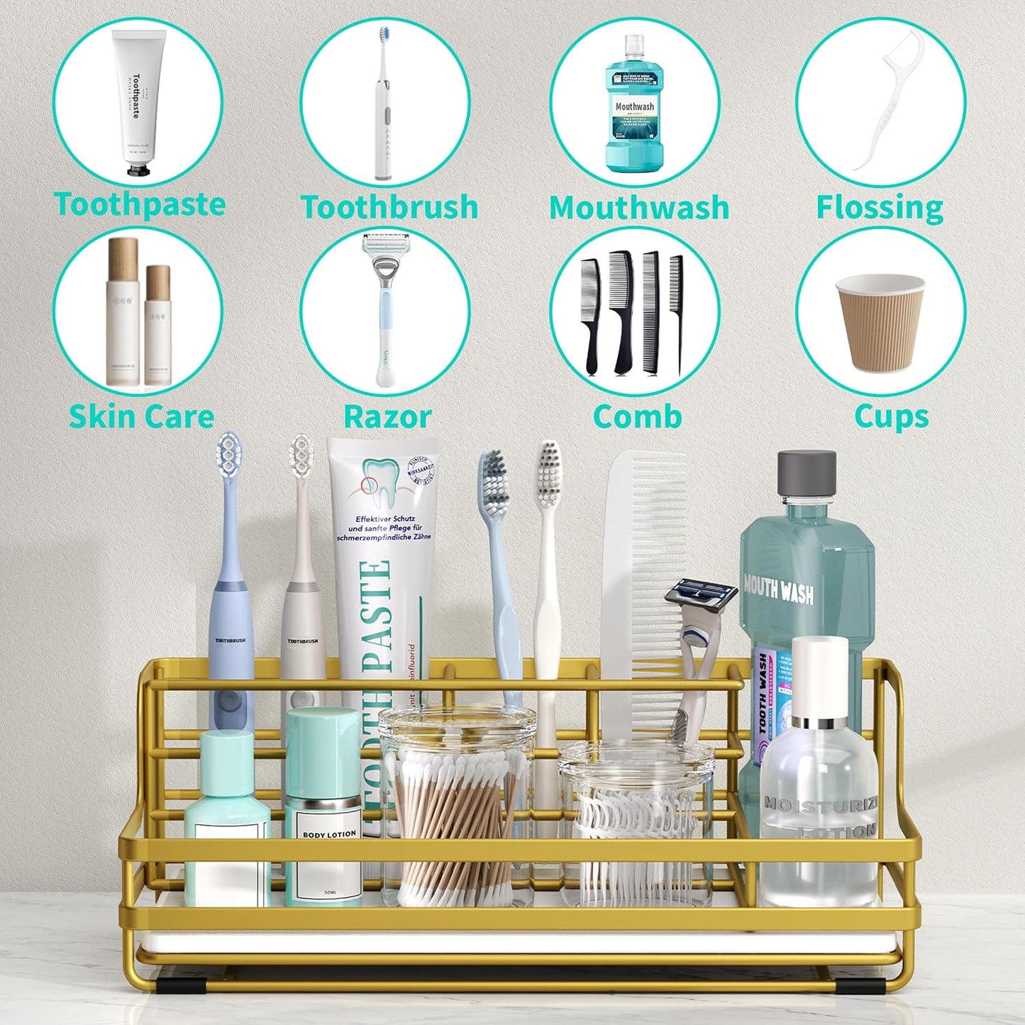 HapiRm Toothbrush Holders for Bathroom - 5 Partitions Bathroom Counter Organizer with Instant Drying Stone, Stainless Steel Countertop Storage Electric Toothbrush Toothpaste Holder - Black