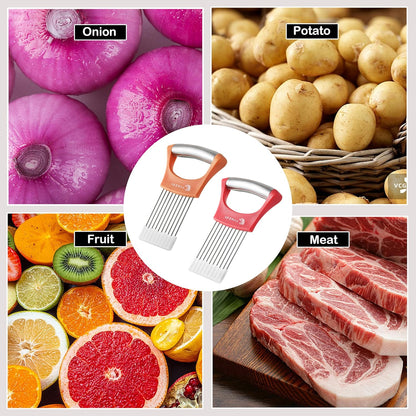 2PCS Onion Slicer Holder, XZZWLL Stainless Steel Onion Cutter for Slicing and Storage Onions, Tomato, Eggs and Vegetables, Protective Cover Included, Dishwasher Safe (Stylish Orange+ Red Color)