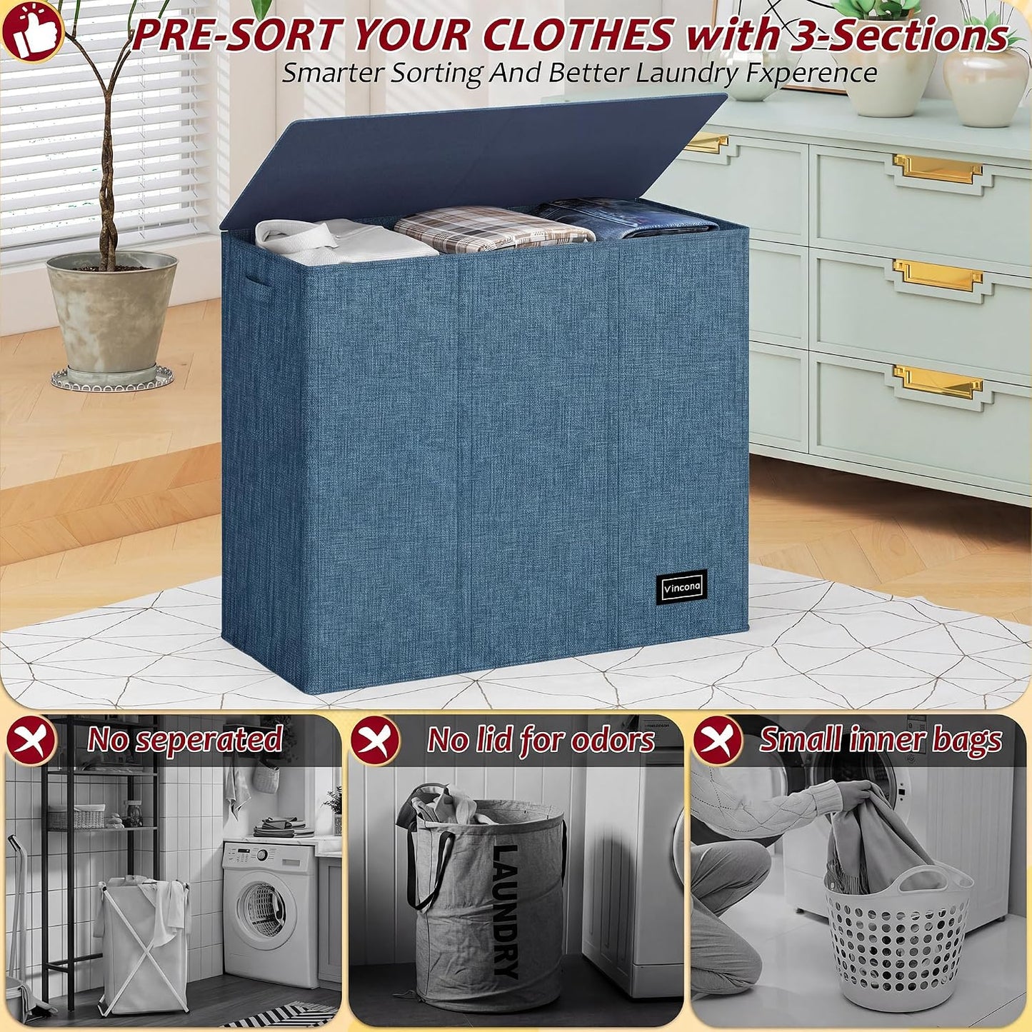 195L Laundry Hamper 3 Section,Large Laundry Hamper with Lid,Dirty Clothes Hamper with 3 Inner Bags,Collapsible Laundry Basket Organizer for Laundry Room,Bedroom,Laundry Sorter Hamper 3 Compartment