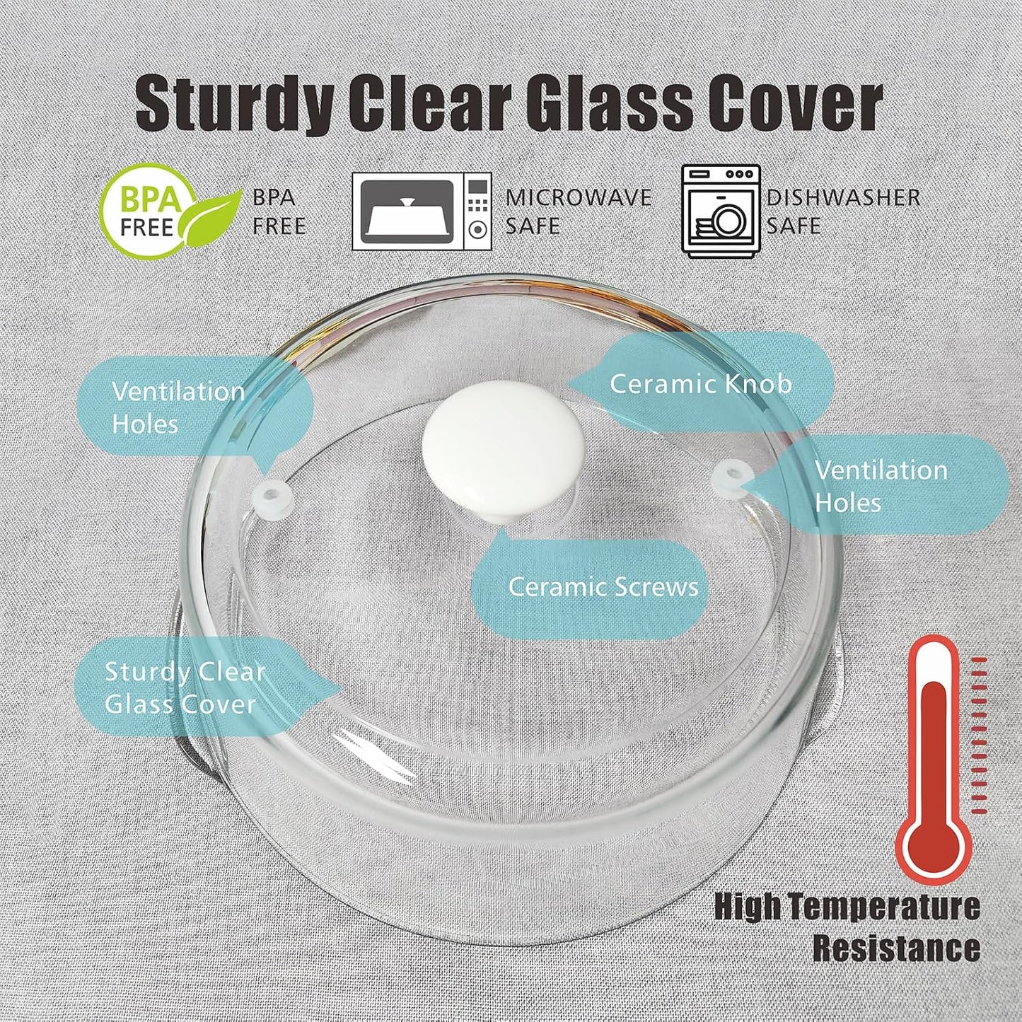 Glass Microwave Splatter Cover with Mat for Food, 10 Inch Guard Lid | Lightweight Borosilicate Glass, Food Grade, Silicone Knob, 2 Vents, 3.1in Tall to Cover Bowls and Plates, Dishwasher Safe