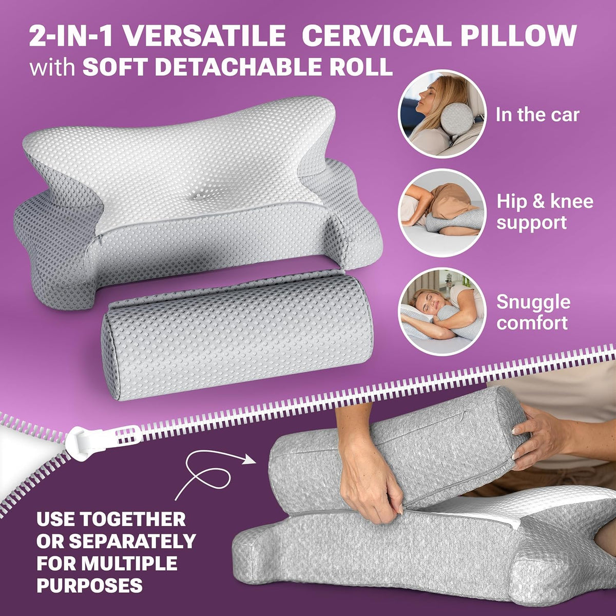 3-in-1 Orthopedic Pillow, Cervical Neck Pillow for Sleeping, Adjustable Height Memory Foam Neck Pillow and Detachable Roll, Contour Pillow for Neck Pain Relief for All Sleeping Positions (Gray)