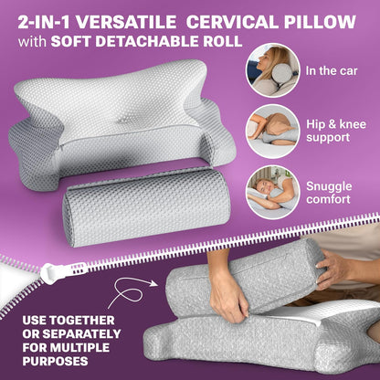 3-in-1 Orthopedic Pillow, Cervical Neck Pillow for Sleeping, Adjustable Height Memory Foam Neck Pillow and Detachable Roll, Contour Pillow for Neck Pain Relief for All Sleeping Positions (Gray)