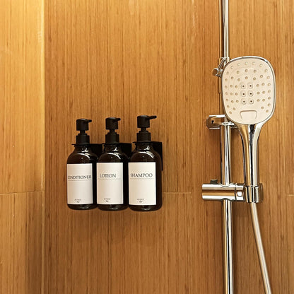 3 Pack Wall Mount Shower Dispenser, No Drill, 16 Waterproof Labels | Shampoo Dispenser for Shower Wall, Shampoo and Conditioner Dispenser, Bathroom, 17oz, Gold Amber
