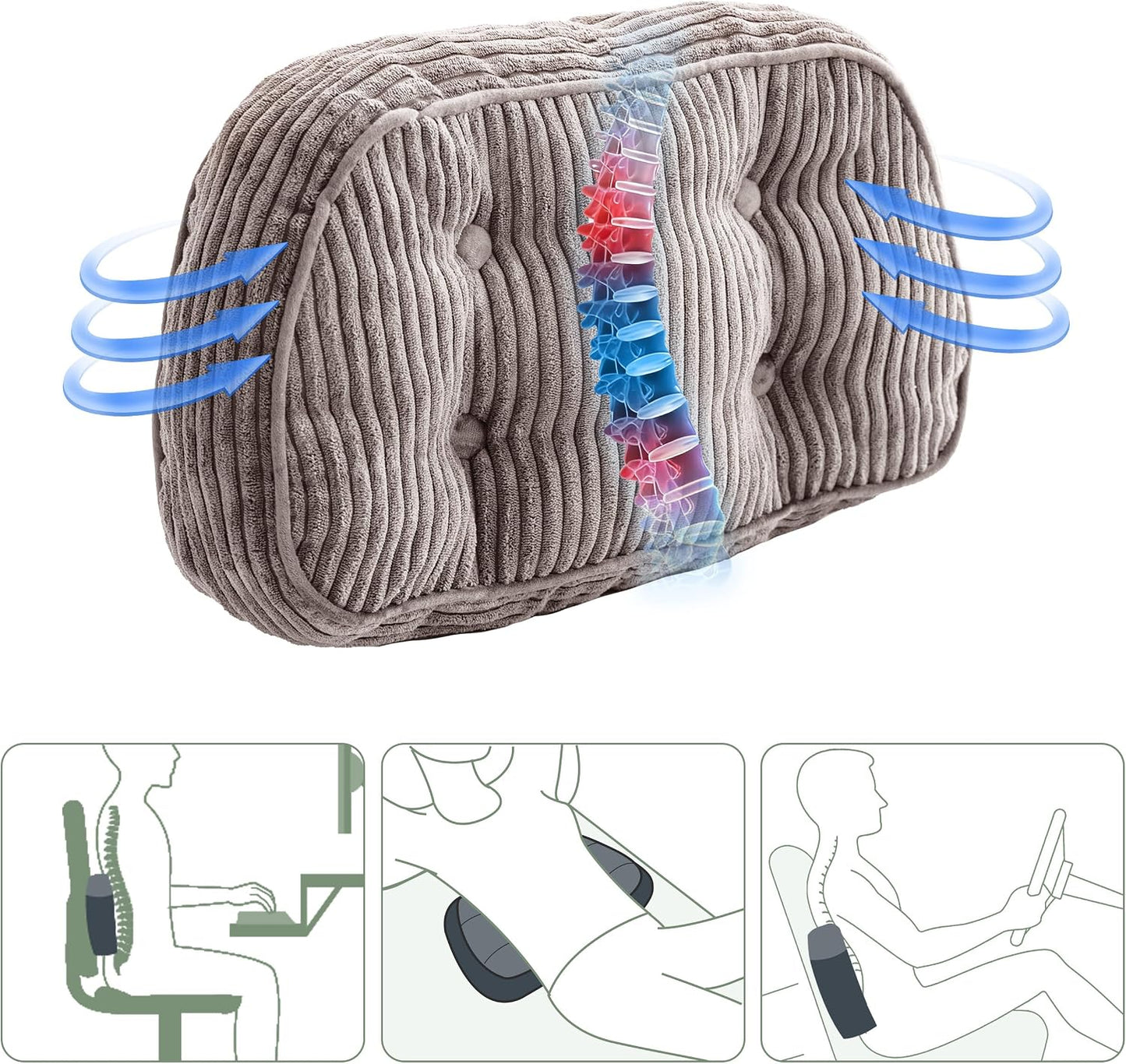 HIGOGOGO Lumbar Support Pillow for Recliner Chair/Accent Chair/Couch/Office Chair, Tufted Corduroy Back Support Cushion for Elderly, Recliner Cushions for Back Rest, Pain Relief
