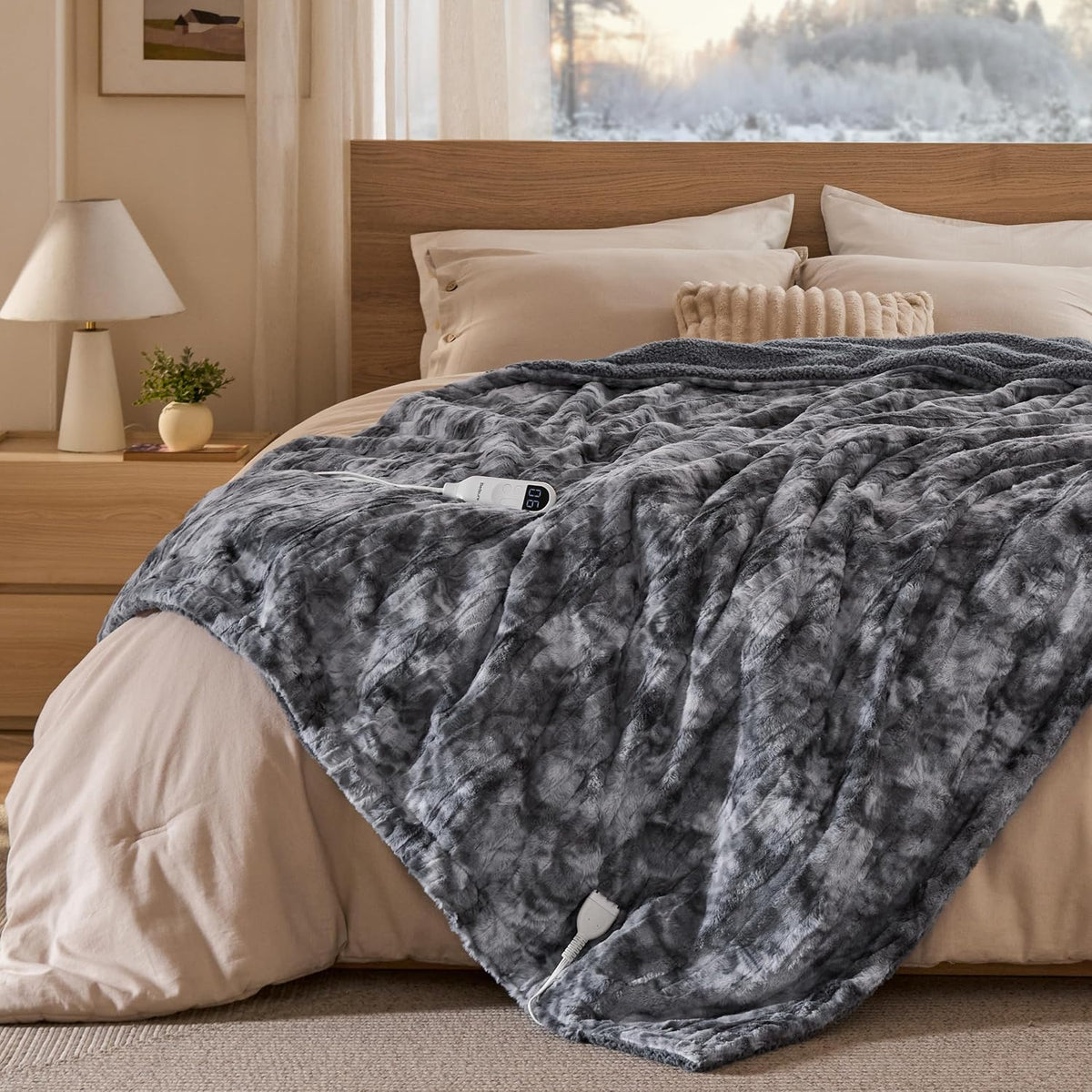 Bedsure Heated Blanket Throw, Soft Electric Blanket with Preheat, Cream