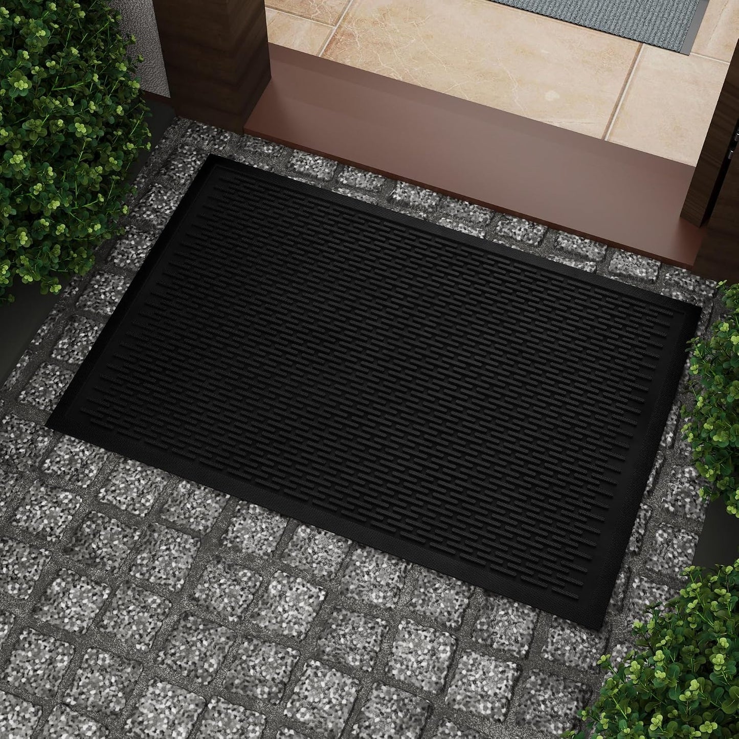 Ottomanson Heavy Duty Rubber Floor Mat – Non-Slip, Waterproof, Easy to Clean – Boot Tray Utility Mat for Shoes, Boots, Entryway, or Pet Feeding Area – Durable, Hose Washable – 16" x 32", Black