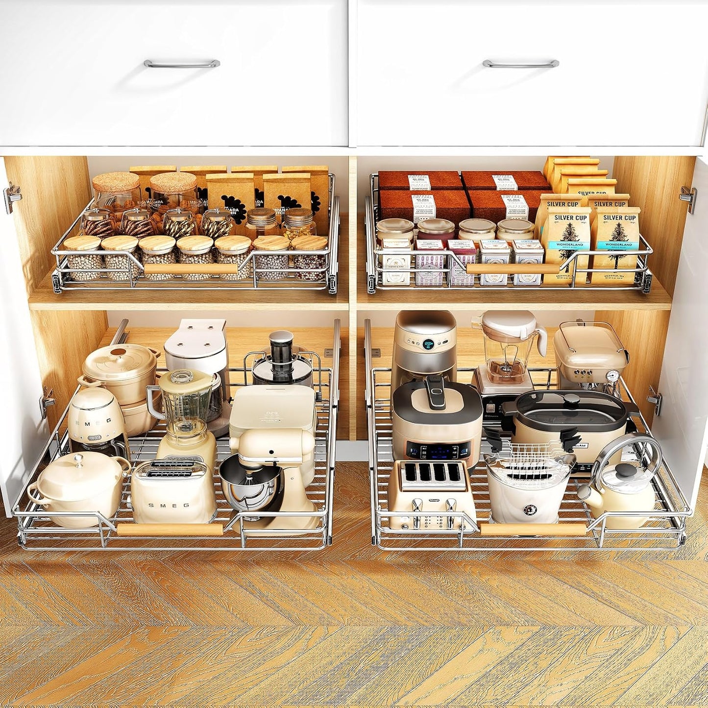 Pull out Cabinet Organizer, 15"W X 21"D, Heavy Duty Smooth Sliding Under Cabinet Shelves for Pots and Pans, Full-Extension Roll out Drawers, Slide out Organization for Home Kitchen Pantry