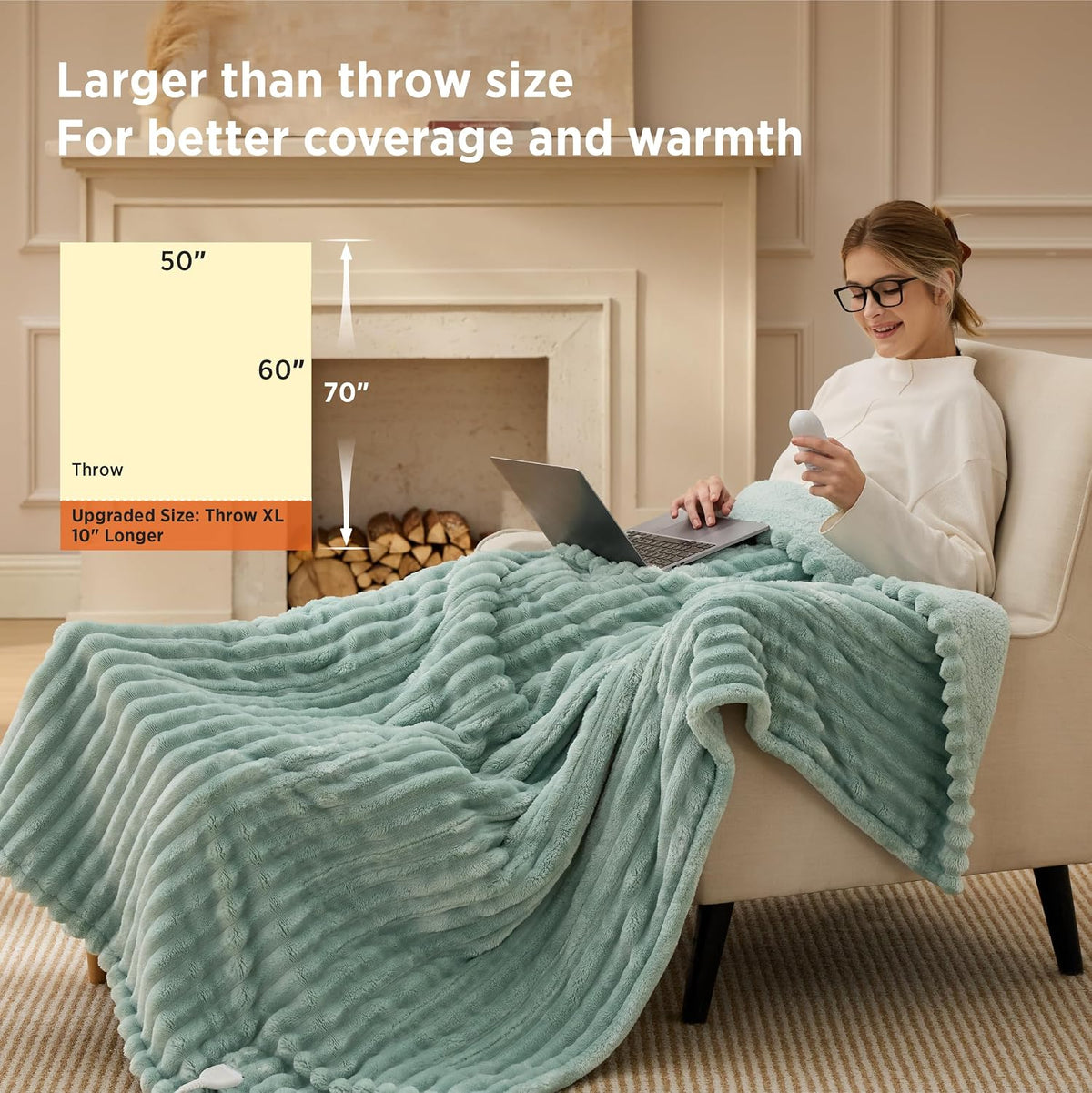 Bedsure Heated Blanket Electric Throw - Thick Striped Fast Heating Electric Blanket with Preheat Function, 6 Heat & 6 Timer (Up to 10H), 8H Auto Off, ETL Certified, Gifts for Women (50"x60", White)