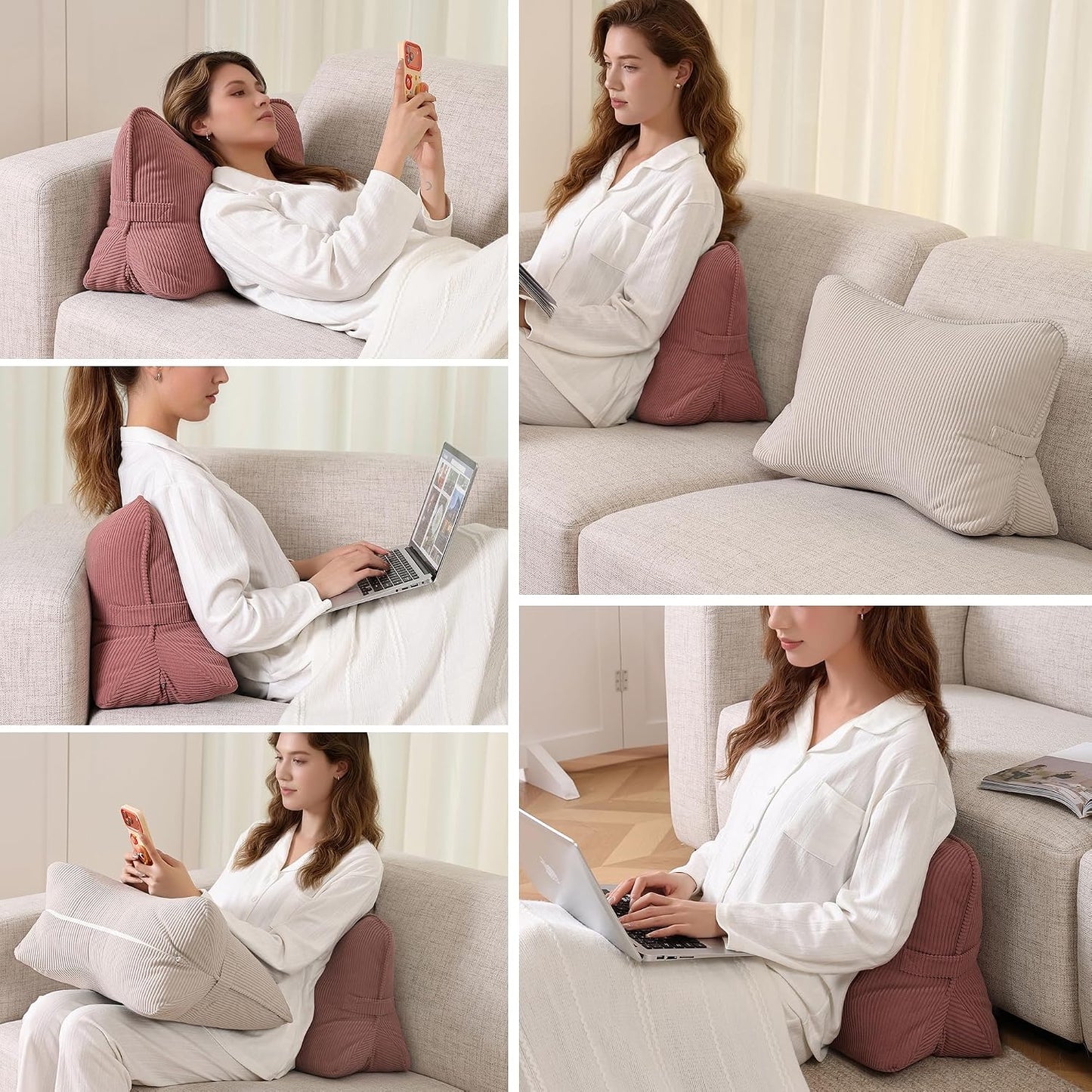 Pat. Pend. Corduroy Lumbar Support Back Pillow for Watching TV, Reading & Gaming, Ergonomic Triangle Support Cushion for Sofa, Armchair & Bed Sitting, Removable Washable Cover, Beige Gray