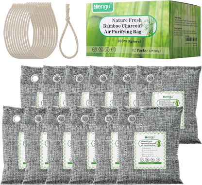 Activated Charcoal Odor Absorber (Large, 12 Pack, 100g each), Natural Charcoal Bags Odor Absorber Bamboo Charcoal Air Purifying Bag for Home, Fridge, Cabinet