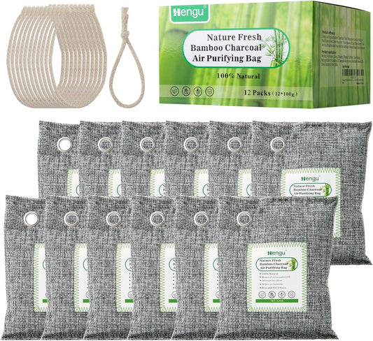 Activated Charcoal Odor Absorber (Large, 12 Pack, 100g each), Natural Charcoal Bags Odor Absorber Bamboo Charcoal Air Purifying Bag for Home, Fridge, Cabinet
