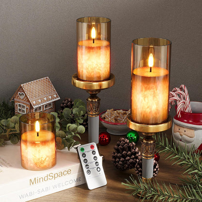 Battery Operated Flameless Candles with Remote & Timer, Gold Glass 3Pack | Real Wax Crystal Texture, D3×H4/5/6", 2/4/6/8H Timer, Dimming, Flickering Realistic LED Candles for Wedding Table Decor