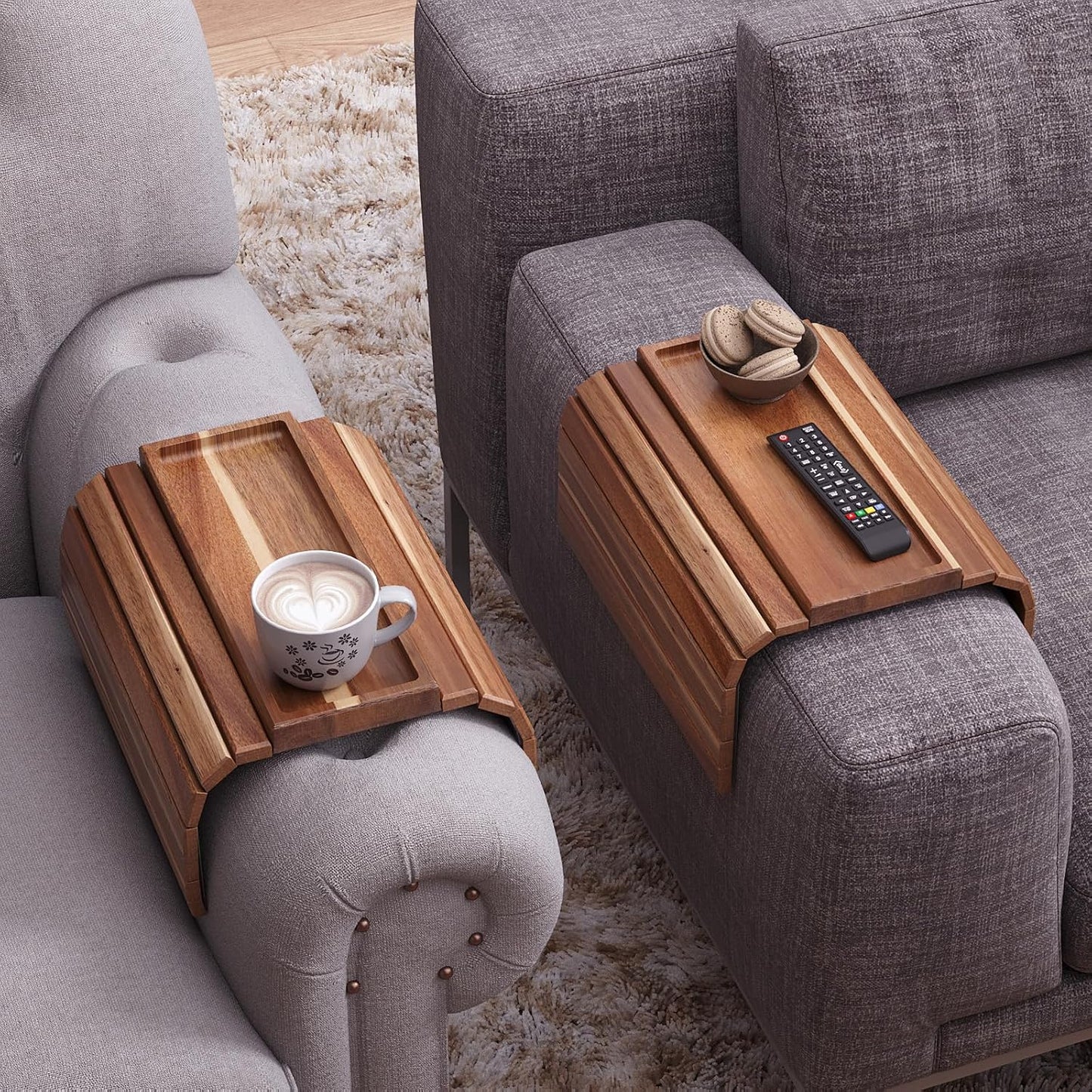 2 Pack Acacia Wood Folding Sofa Arm Tray with Anti-Slip Pad | Couch Armrest Tray,Foldable,for Drinks,Snacks,Phone,Remote Control,Space Saving Storage, No Assembly,Gift box