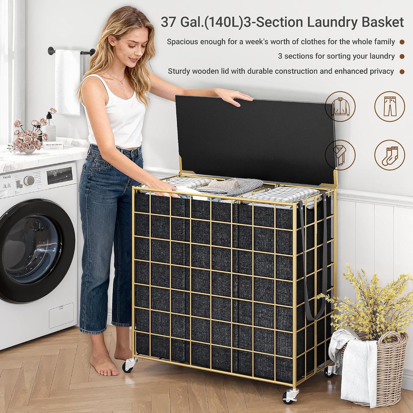 90L Laundry Basket with Wheels, Large Capacity Laundry Hamper with Removable Liner Bags, Heavy Duty Laundry Sorter with Solid Wood Lid & Leather Handles, Grey