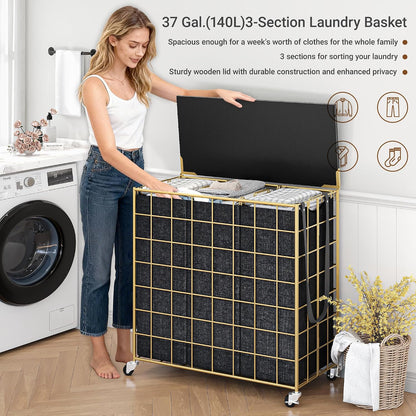 90L Laundry Basket with Wheels, Large Capacity Laundry Hamper with Removable Liner Bags, Heavy Duty Laundry Sorter with Solid Wood Lid & Leather Handles, Grey