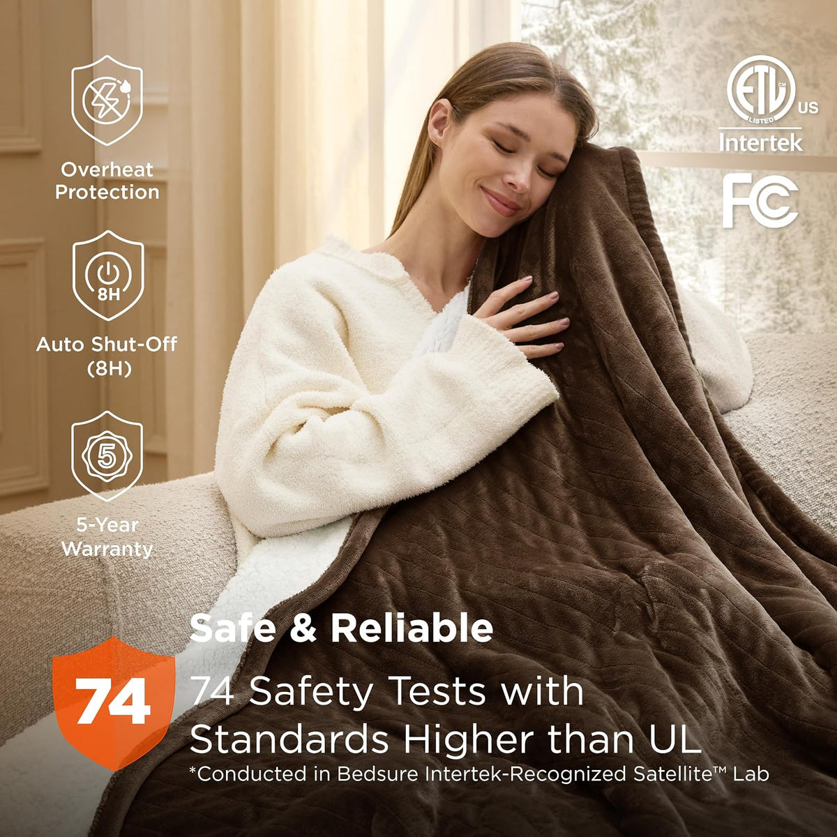 Bedsure Heated Blanket Throw, Soft Electric Blanket with Preheat, Cream