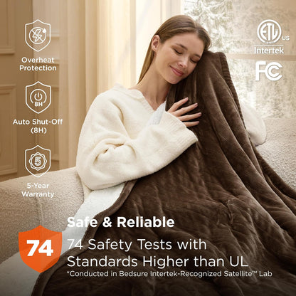 Bedsure Heated Blanket Throw, Soft Electric Blanket with Preheat, Cream