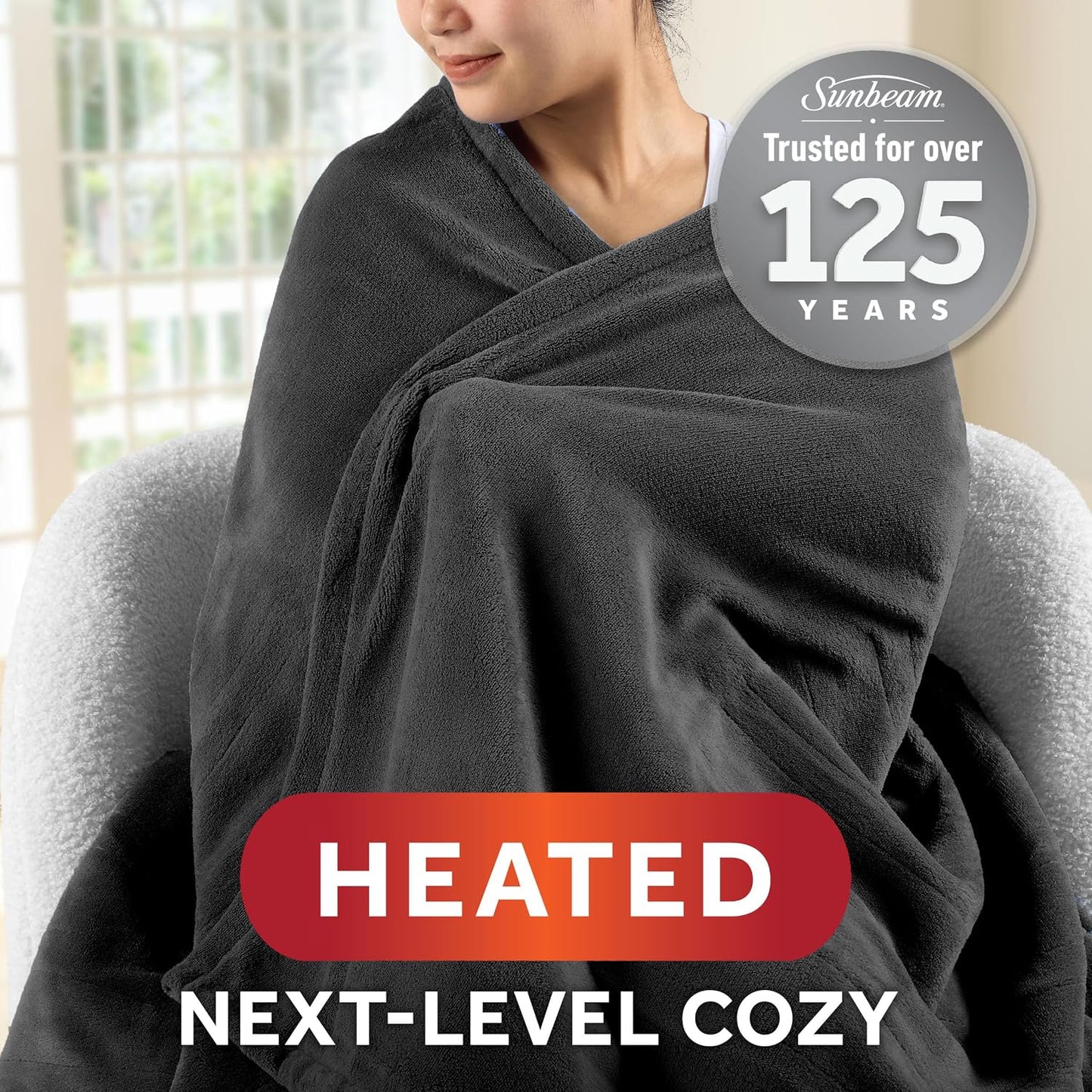 Sunbeam Royal Posh Dove Grey Heated Personal Throw / Blanket, Cozy-Warm, Adjustable Heat Settings