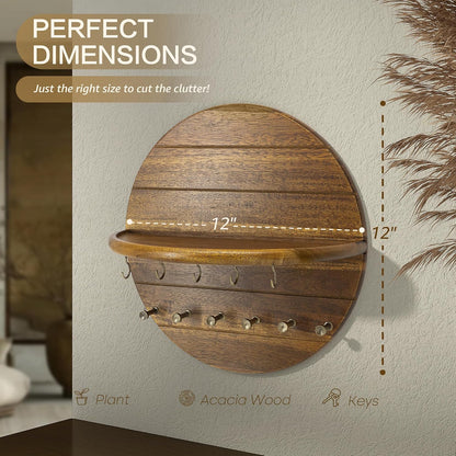 Rebee Vision Pine Wood Round Key Holder Wall Mount for Home Decor, Brown | Round Corner, Key Hooks for Dog leashes & Sunglasses, Display Shelf for Plant & Letters, Mail Organizer, Home Essentials