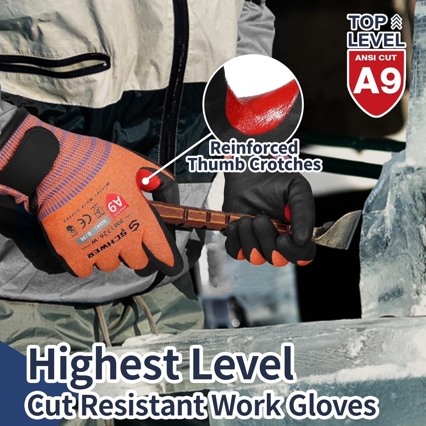 Schwer ProGuard High Level Cut Resistant Work Gloves for Extreme Protection, ANSI A9 Cut Gloves with Reinforced Thumb, Non Slip, Breathable, Durable, Touch-screen, Black 1 Pair（L 3326