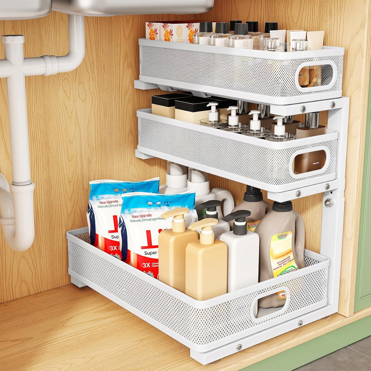 Kitstorack Under Sink Organizer, 2-Pack 3-Tier Height Adjustable Thickened Metal Pull out Cabinet Organizer Shelf, Slide out Storage Drawer Rack for Bathroom Kitchen Pantry Home Laundry Organization