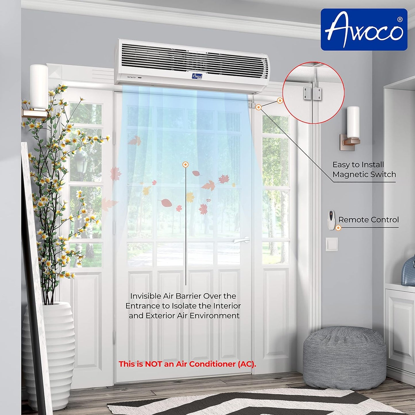 Awoco 40" FM-1210T 2 Speeds 1250 CFM Slim Indoor Air Curtain White | 120V Unheated, CE Certified, Magnetic Switch, Remote Control, Powerful Motor, Qiute Operation, Light Weight & Compact Design