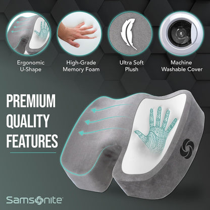 Samsonite Memory Foam Seat Cushion – Ergonomic Cushion for Office Chair, Tailbone Pressure Pad, Coccyx Support for Sciatica, Supportive Seat for Car, Desk, and Gaming Chairs, Black