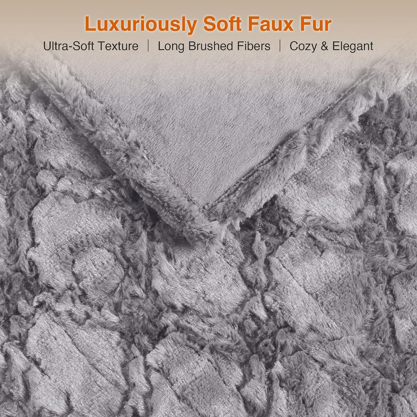 Beautyrest Long Brushed Faux Fur Ogee Textured Design Electric Blanket, Auto Shut Off, Virtually Zero EMF, Multi Heat Setting, UL Certified, Machine Washable, Grey Throw 50x60