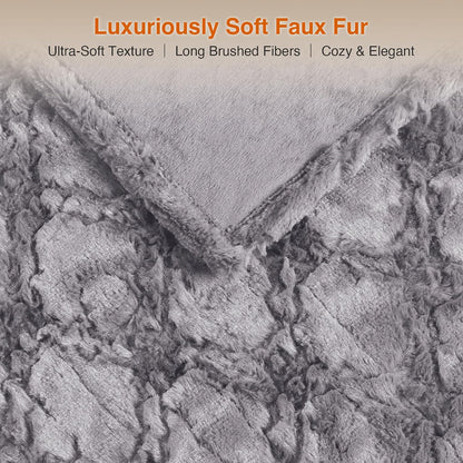 Beautyrest Long Brushed Faux Fur Ogee Textured Design Electric Blanket, Auto Shut Off, Virtually Zero EMF, Multi Heat Setting, UL Certified, Machine Washable, Grey Throw 50x60