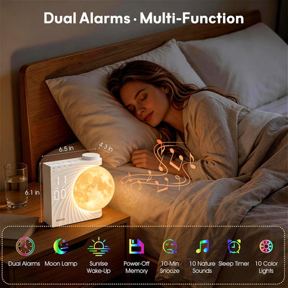 AIRIVO Alarm Clock for Bedrooms, Sunrise Alarm Clock Wake Up Light for Kids Teens, White Noise Sound Machine, Moon Light Dual Alarms for Heavy Sleepers, Night Light Clock for Preppy Room Decor