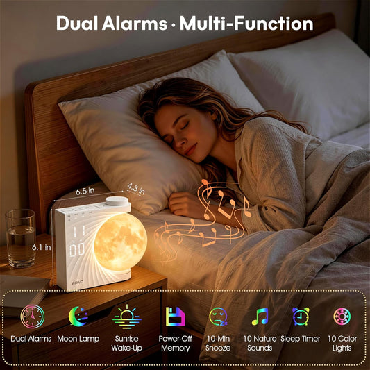 AIRIVO Alarm Clock for Bedrooms, Sunrise Alarm Clock Wake Up Light for Kids Teens, White Noise Sound Machine, Moon Light Dual Alarms for Heavy Sleepers, Night Light Clock for Preppy Room Decor